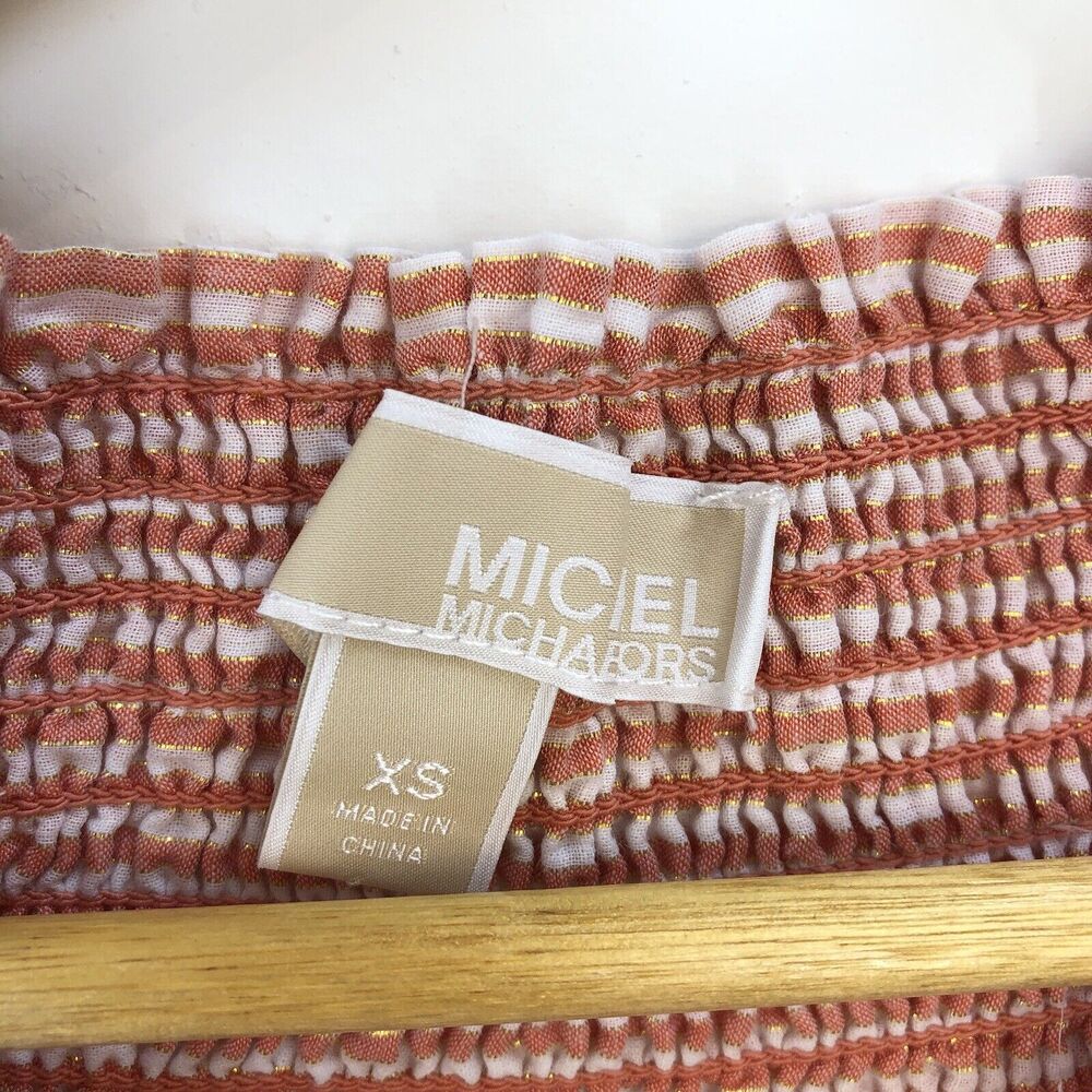 MICHAEL Kors Top XSMALL Cerise Pink White Candy Striped Off-Shoulder Designer - Picture 5 of 7